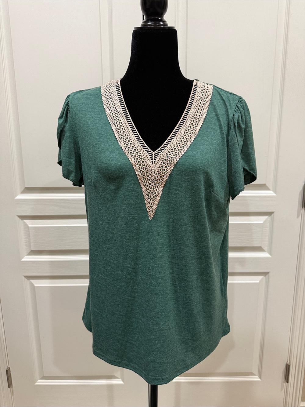 Green V-Neck Short Sleeve Tee with Cream Crochet Trim
